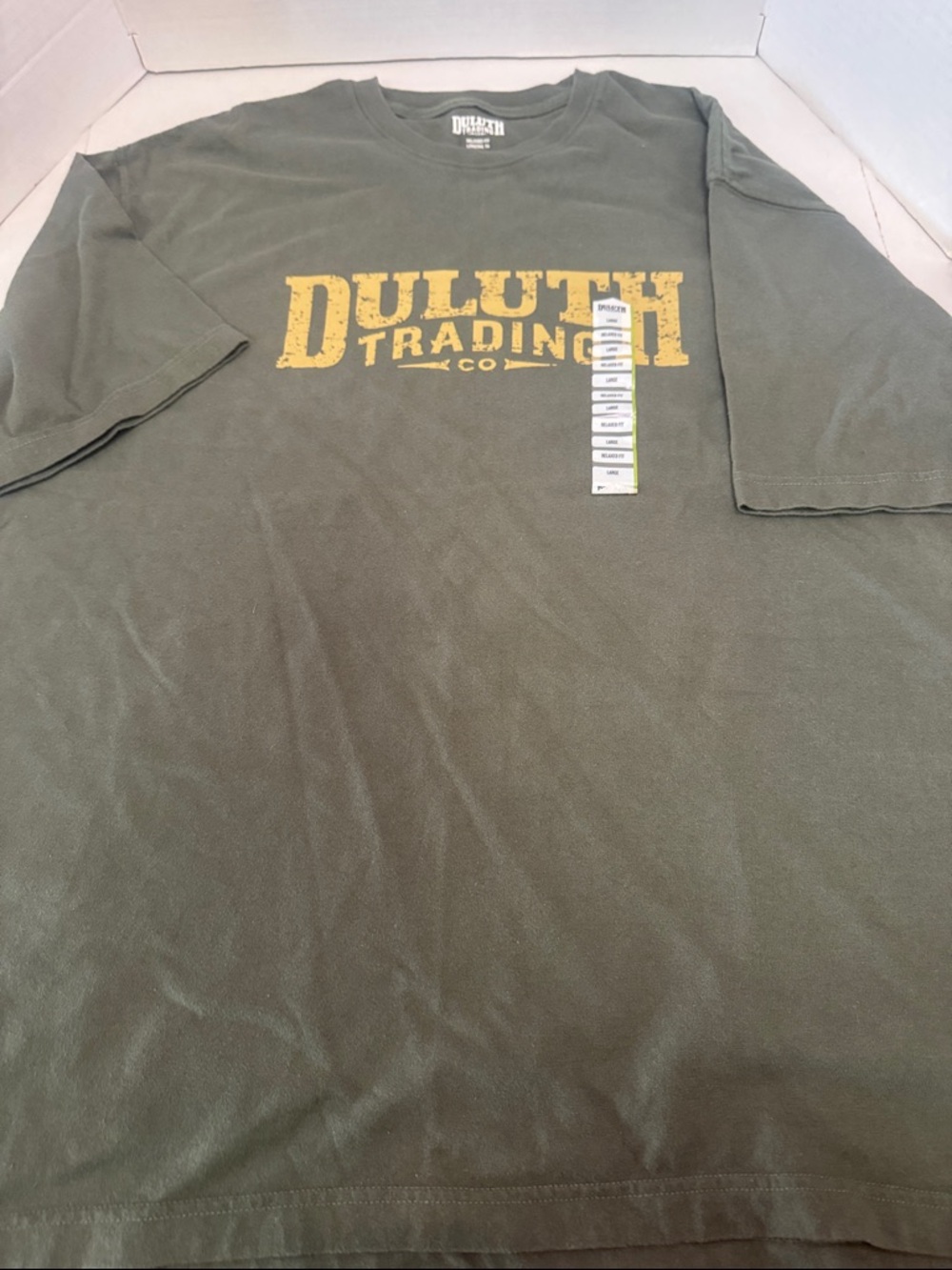 Duluth Trading Co Olive Green Logo Tee with Yellow Print